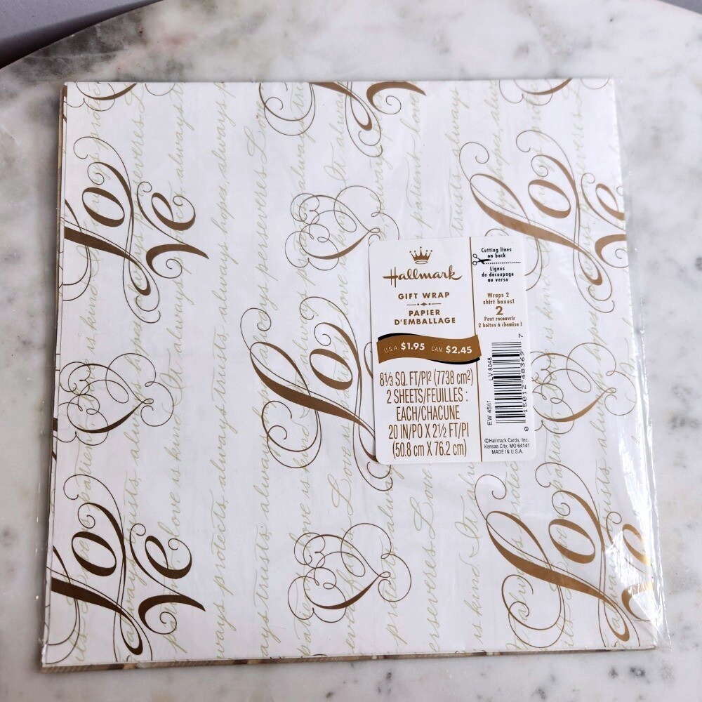 Hallmark Gift Wrap Love Script Gold Wedding Bridal Shower 2 Shts White Pearl